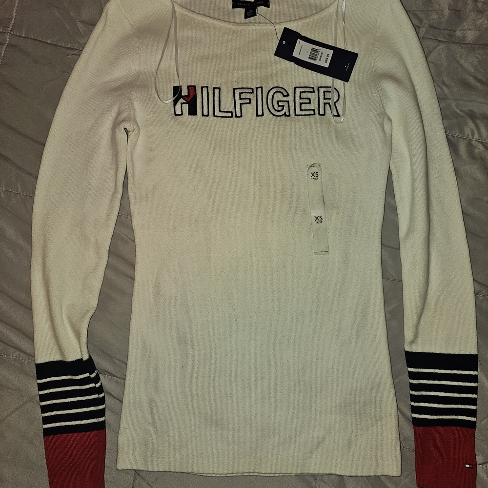 New Tommy Hilfiger Women's Cream and Red Top Shirt Blouse Xs Extra Small